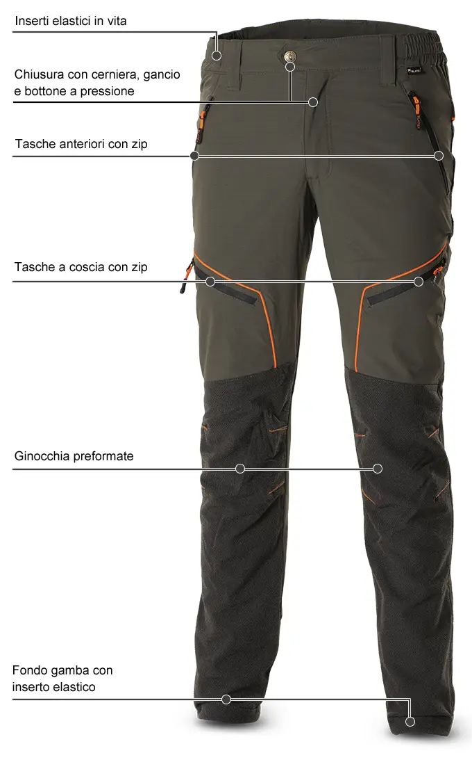 Pantaloni Blatex Action Stretch New Hunting Green-Orange Fluo dettagli della parte anteriore