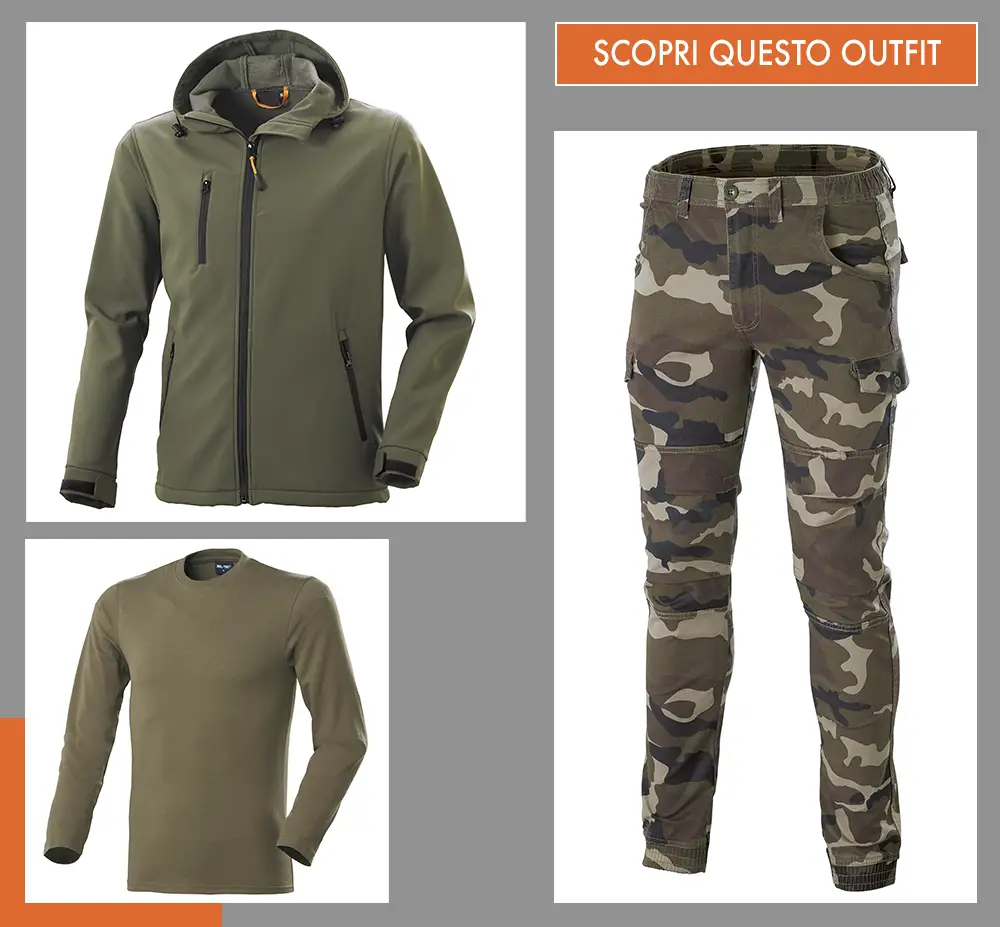 outfit Berretto Thinsulate Verde - T-Shirt uomo OD Military Green M/L - Pantaloni uomo Bull Stretch Camouflage Green - Giacca Softshell uomo Innsbruck Army Green