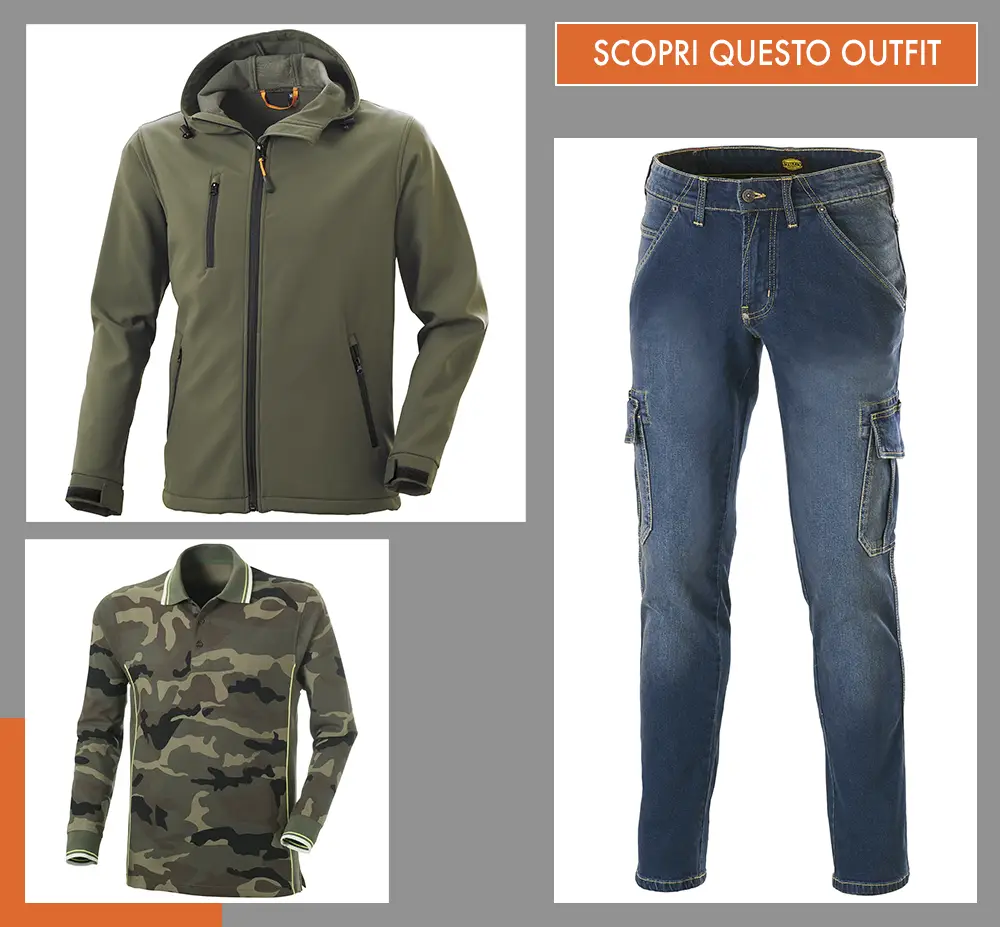 outfit jeans Diadora - giacca Shoftshell - polo piquet camouflage